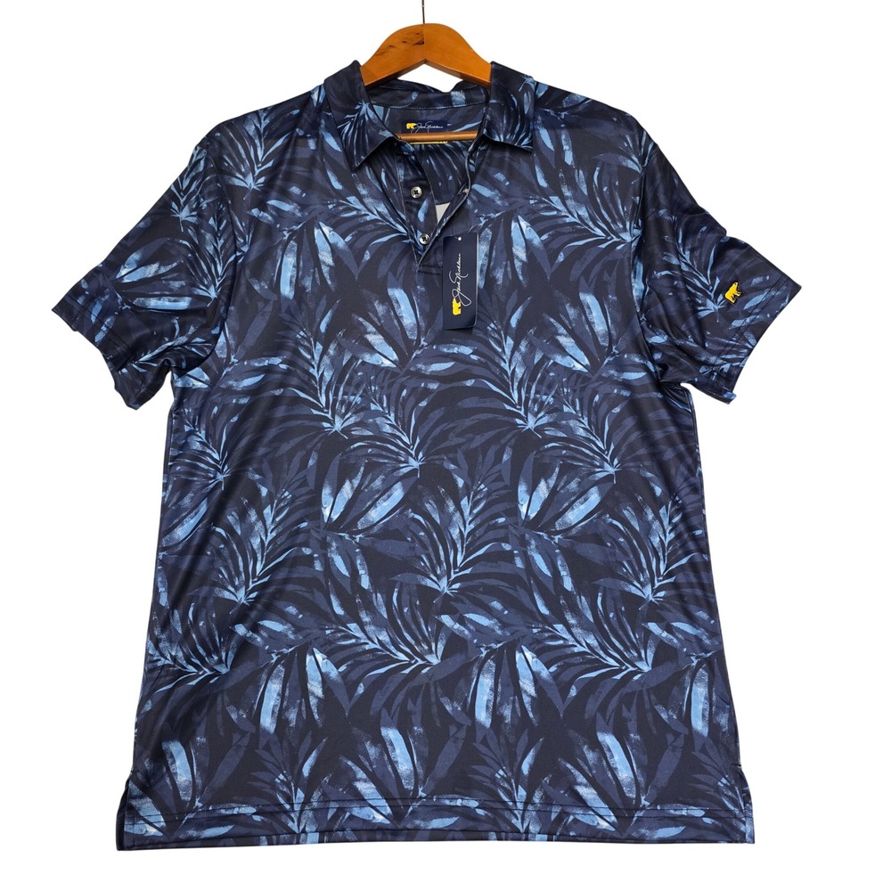 Jack Nicklaus Mens Large Performance Golf Polo Shirt Mood Indigo Palm Leaf Print